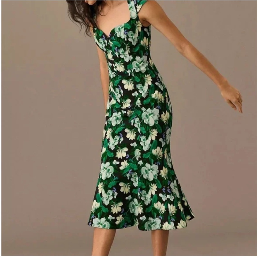 Anthropologie Floral Green Midi Dress with Sweetheart Neckline